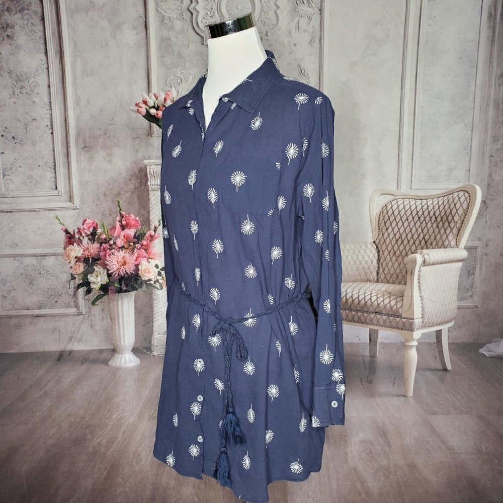 Umgee Dandelions Blue White Collared Button Down Belted Shirt Dress Size Small - Picture 3 of 8